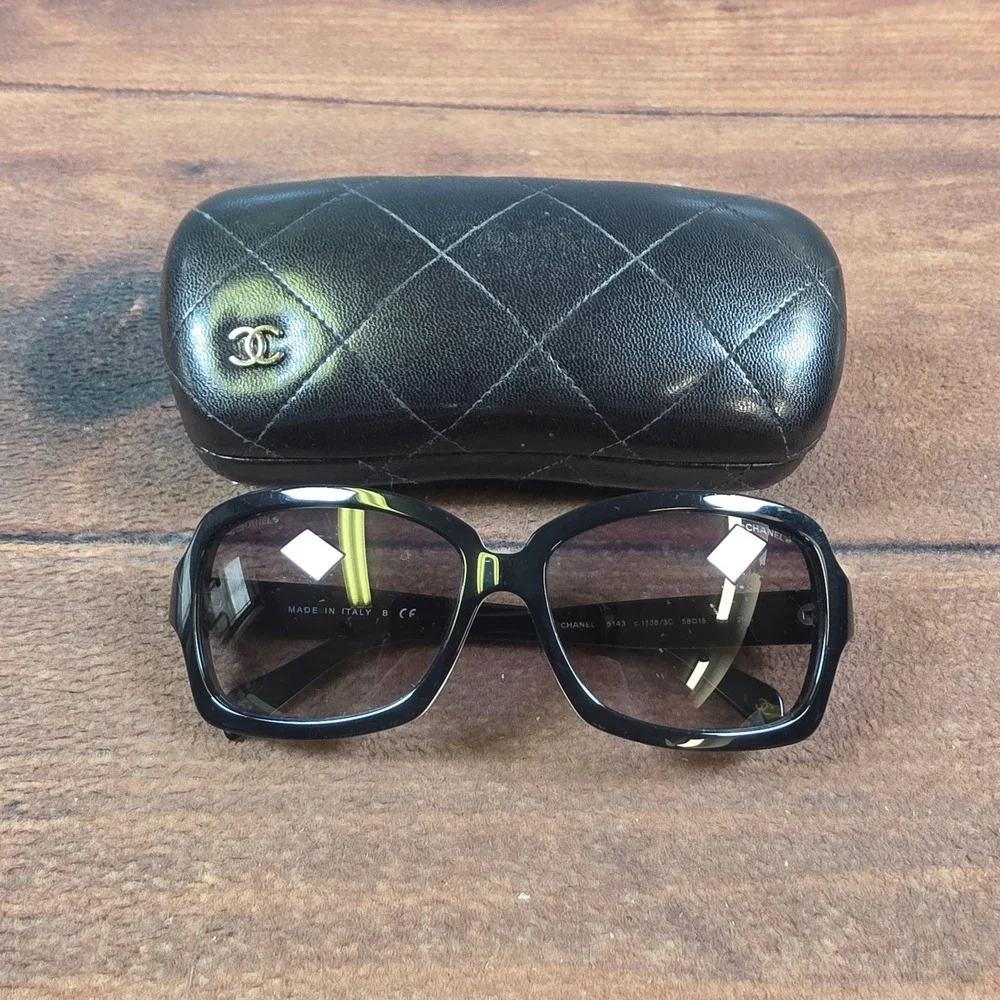Chanel Sunglasses Womens 58mm Black Good 5143 c.1138/3C Square CC Logo Italy